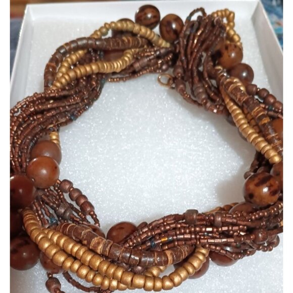 Multistrand Brown & Gold Beaded Necklace With Wooden Accents - Picture 2 of 3